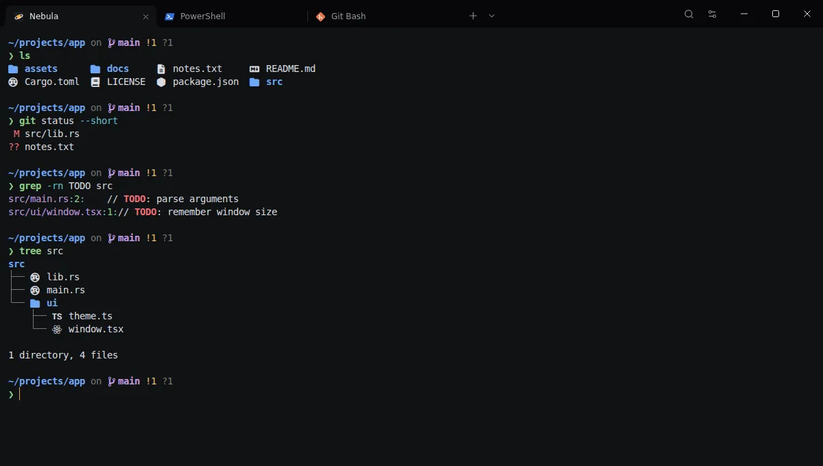 Nebula Terminal with tabs for Nebula, PowerShell and Git Bash